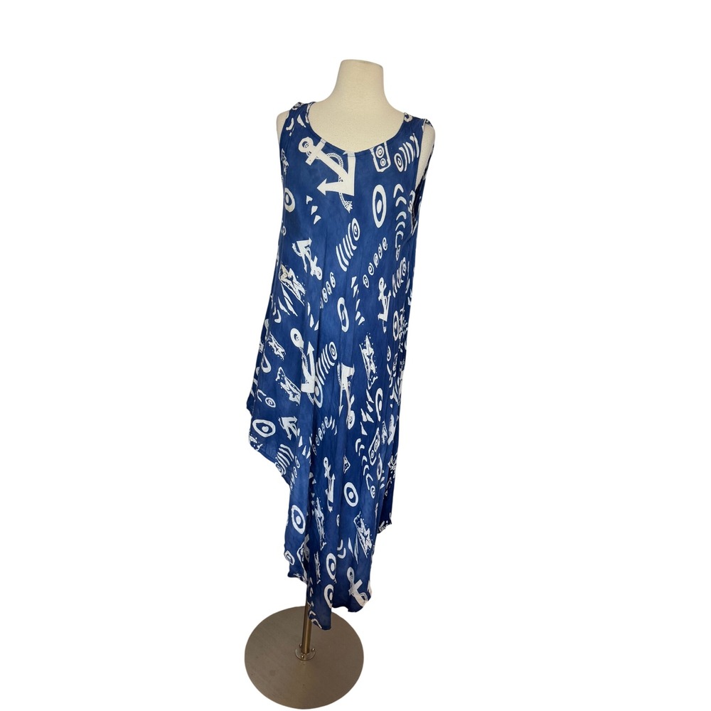 Jessica Taylor Women Blue Batik Asymmetrical Handkerchief Hem Midi Dress